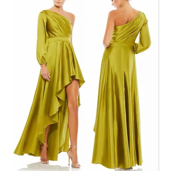 NEW Mac Duggal Ieena High Low One Shoulder Flowy Chartreuse Gown sz 4 - Picture 1 of 5